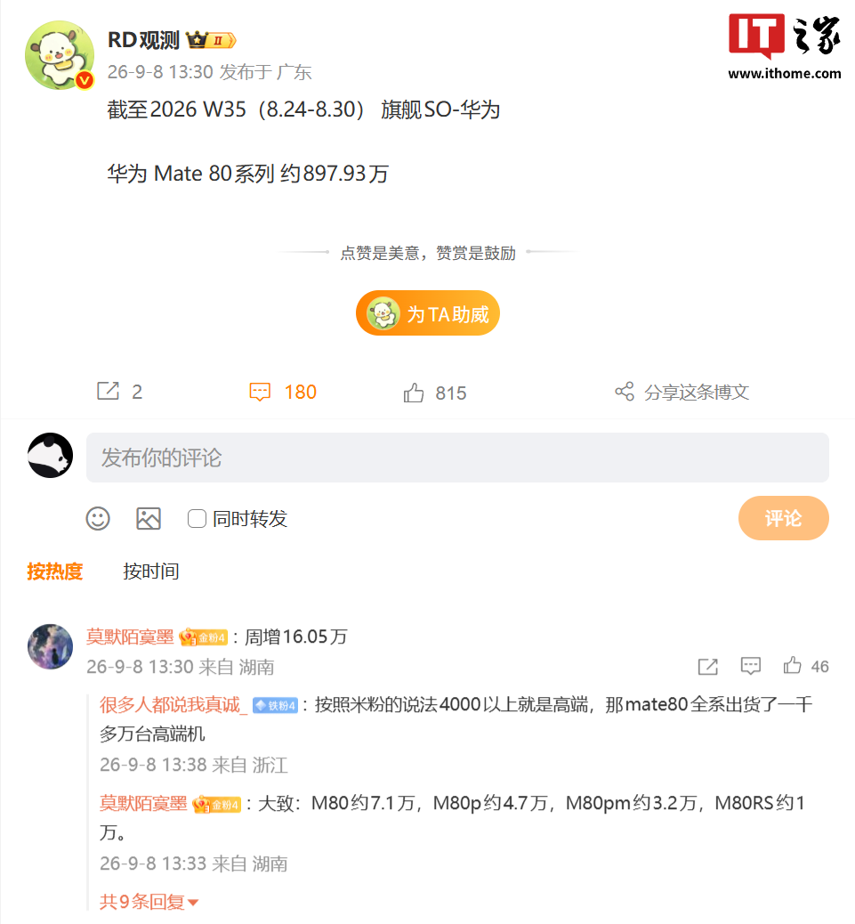 千万里程碑越来越近：曝华为 Mate 80 系列手机销量突破 900 万台{bbname}bbs.ahv.cc ...